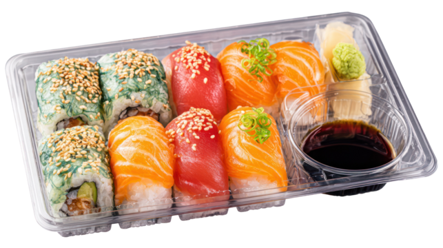 Sushi set with wasabi, ginger, and soy sauce served in platter isolated on transparent background