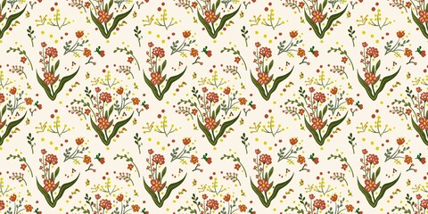 Autum Winter Pattern Background Illustration For Cover, Banner, Notes. Fall Winter Aesthetic Background.  Plant And Flower Pattern Background.