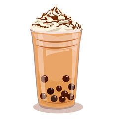 Bubble tea vector illustration with pearls, cream topping, and chocolate drizzle