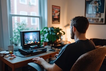 Man playing retro video game at home