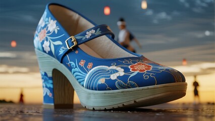 Naklejka premium Blue high-heeled shoe with floral and wave patterns, set against a sunset backdrop with silhouettes of people in the distance.