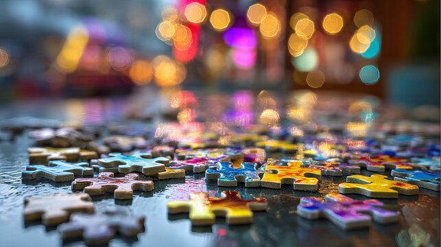 Vibrant puzzle pieces scattered on wet surface with colorful bokeh lights creating a magical atmosphere - Powered by Adobe