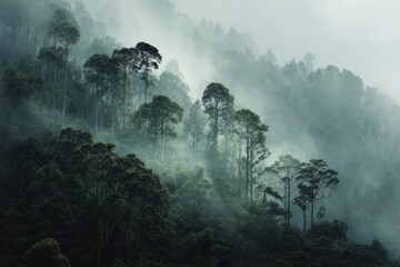 Misty mountain forest scene. Lush green trees rise on a misty hillside