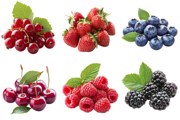 Set of ripe berries isolated on transparent background PNG. Strawberry, cherry, currant, blueberry, blackberry, raspberry