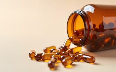 Amber brown capsules spilling from glass bottle, beauty supplement concept,  alternative medicine,  skincare. High quality