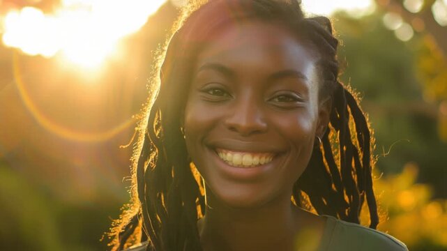 A woman with dreadlocks smiling directly at the camera