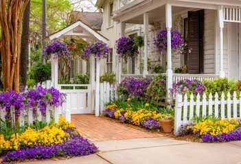 Colorful flowers bloom around a white picket fence and gate.