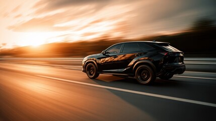 The sleek black SUV racing toward a stunning sunset backdrop