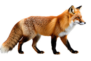 Fototapeta premium Furry red fox walking in profile side view, isolated PNG with transparent background. Realistic wildlife animal cutout, perfect for nature designs