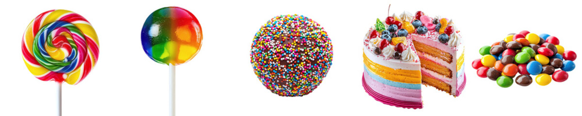 Set of different sweets isolated on transparent background PNG. Cake, chupa chups, lollipop, dragee