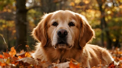 Golden Retriever Resting Among Autumn Leaves