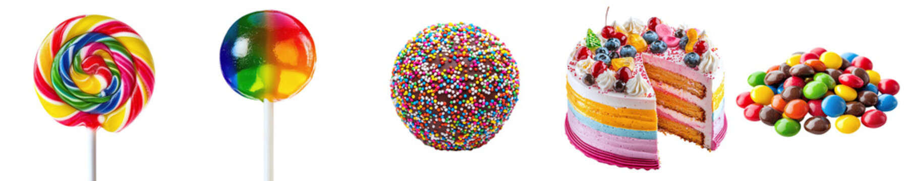 Set of different sweets isolated on transparent background PNG. Cake, chupa chups, lollipop, dragee