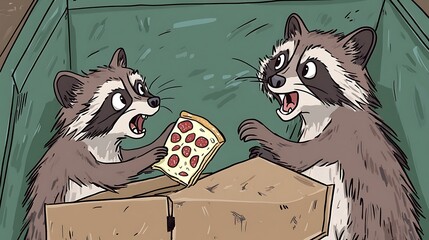 Raccoons eating pizza in dumpster