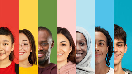 Portrait lineup of diverse individuals with joyful emotion on multicolor background stripes....