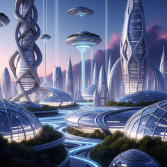 A breathtaking futuristic city with towering organic skyscrapers, flying vehicles, and glowing pathways under a twilight sky.