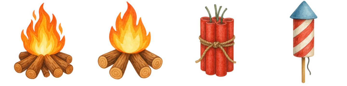 Bonfire and firecracker set with wooden logs and burning flames at night creating warm and lively atmosphere with guy wearing fawkes mask