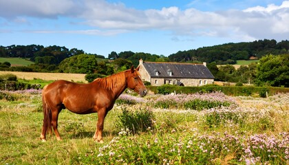 Obraz premium Chestnut Horse in a Vibrant Wildflower Meadow with Rustic Stone Cottage, Rural Landscape