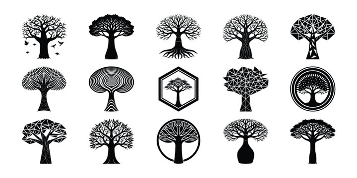Modern geometric baobab tree silhouette set in bold black and white vector style