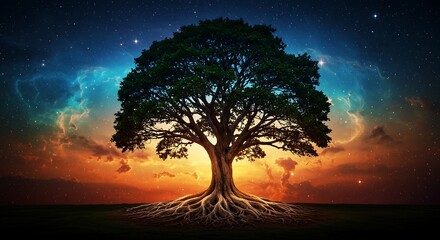 ​A majestic tree with deeply rooted foundations illuminated by a celestial backdrop of fiery and cool nebulae