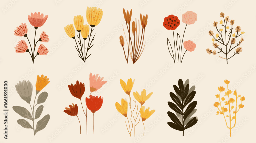 Poster a collection of colorful flowers in various sizes and shapes. the flowers are arranged in a row, wit