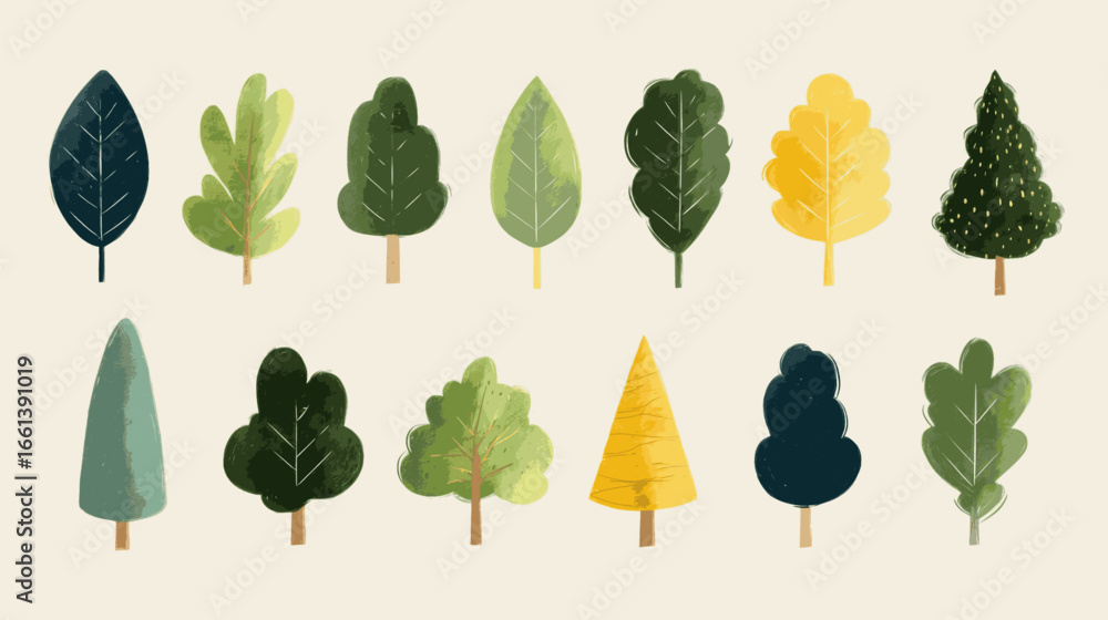 Poster a set of leaves with different shapes and sizes. the leaves are drawn in a watercolor style and are 