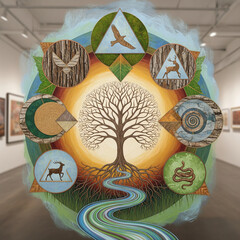 Symbolic artwork featuring a central tree, river, and a circular arrangement of nature-inspired emblems like animals and elements, set against a blurred gallery background.