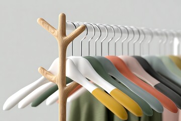 Fototapeta premium Stylish Clothes Hangers on Rack with Wooden Support and Colorful Modern Design Elements