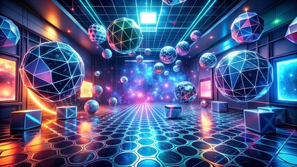 Futuristic digital network spheres floating in a neon lit cyberpunk corridor