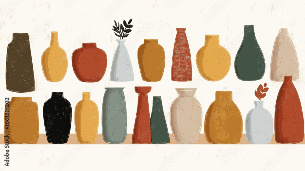 Poster a row of vases with different colors and shapes. the vases are arranged in a line, with some taller 