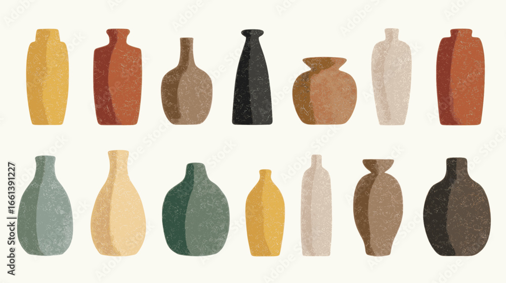 Poster a collection of vases with different colors and sizes. the vases are arranged in a row, with some ov