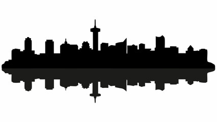 Fototapeta premium Black silhouette of a city skyline with various buildings and a reflection on a white background view scape