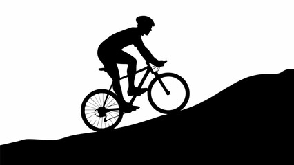 Obraz premium Silhouette of a cyclist riding uphill on a mountain bike against a white background in a simple design