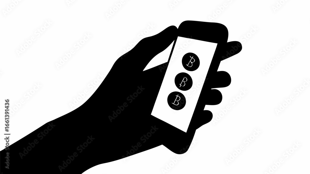 Poster silhouette of a hand holding a smartphone displaying three bitcoin symbols on its screen in black an