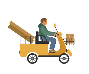 Delivery of parcels and boxes on a yellow electric scooter. The courier guy carries the orders. Vector illustration for design.