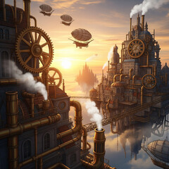 A fantastical steampunk city with intricate gears and pipes, floating in the sky at sunset with airships flying above.