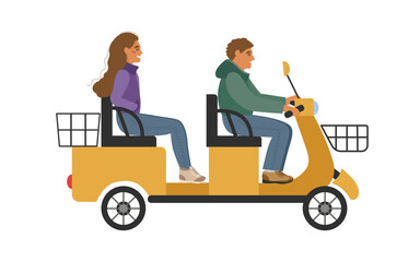 Guy and girl ride on two-seater electric scooter. Fun bike ride together. Concept of active family recreation.