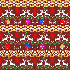 Hand-drawn vector Christmas-themed seamless pattern. Santa and reindeer with decorative elements. Design for a Christmas holidays greeting card. Wrapping, tiles, wallpaper, cards, and textiles. 