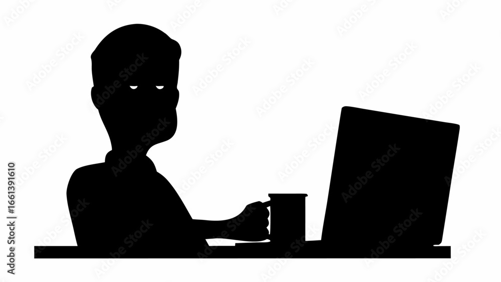 Aufkleber Silhouette of a person working on a laptop while holding a mug in a dark and mysterious setting