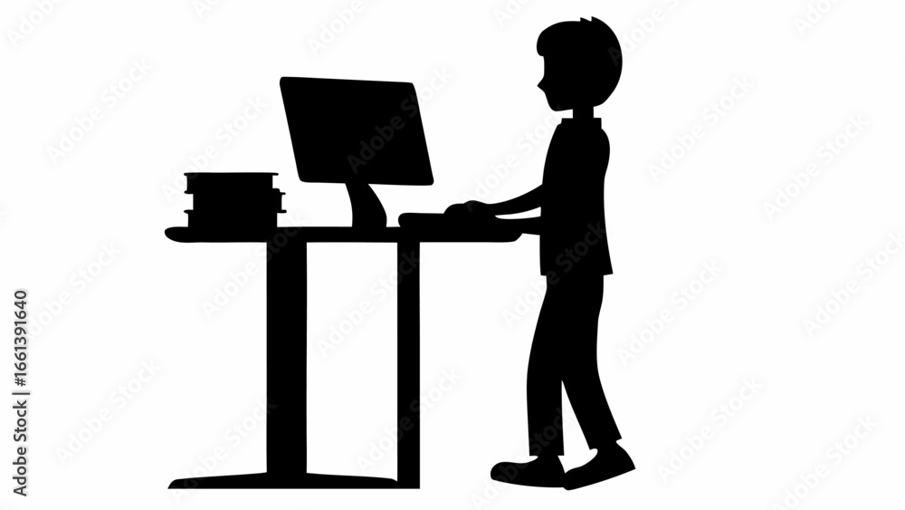 Poster silhouette of person standing at a desk with computer and books in a minimalist black and white desi