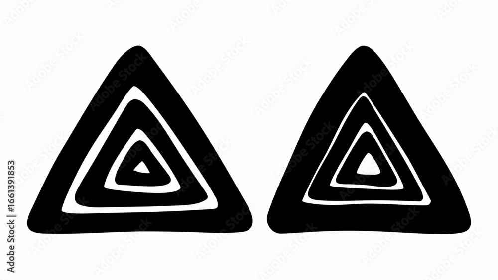 Poster two stylized black triangles with concentric triangular shapes creating a nested pattern on white ba