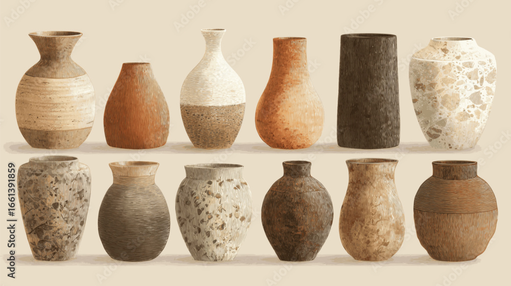 Aufkleber a collection of vases with different colors and patterns. the vases are arranged in a row, with some