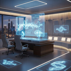 Futuristic office with holographic displays and glowing interfaces overlooking a modern cityscape at night, showcasing advanced technology.