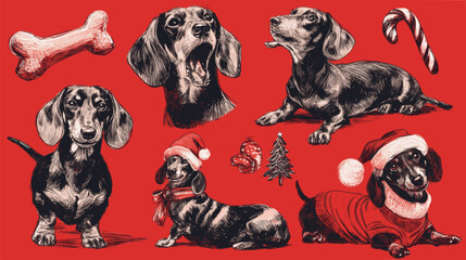 Fototapeta premium A collection of black and white drawings of dogs wearing Santa hats and Christmas decorations. Scene is festive and cheerful