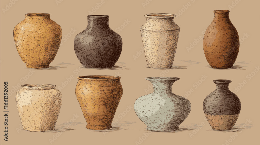 Poster a set of ten vases with different colors and designs. the vases are arranged in a row, with some bei