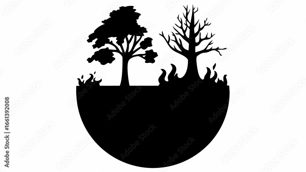 Aufkleber silhouette illustration of two trees one alive and one dead with flames in a circular frame design