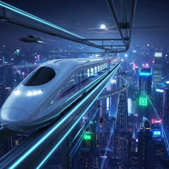 Futuristic high-speed train traveling on elevated tracks through a neon-lit metropolis at night under a full moon.