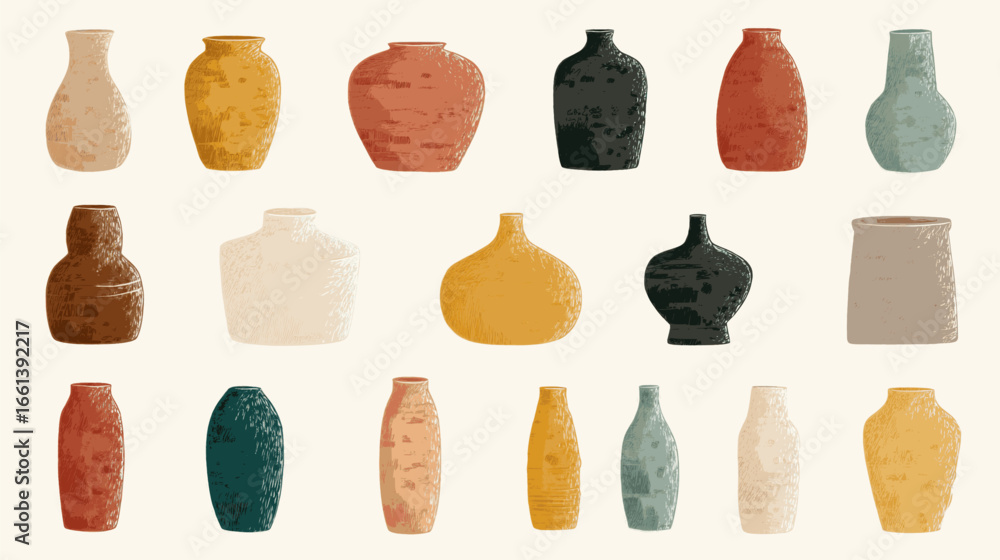 Aufkleber a collection of vases in various colors and shapes. the vases are arranged in a line, with some over