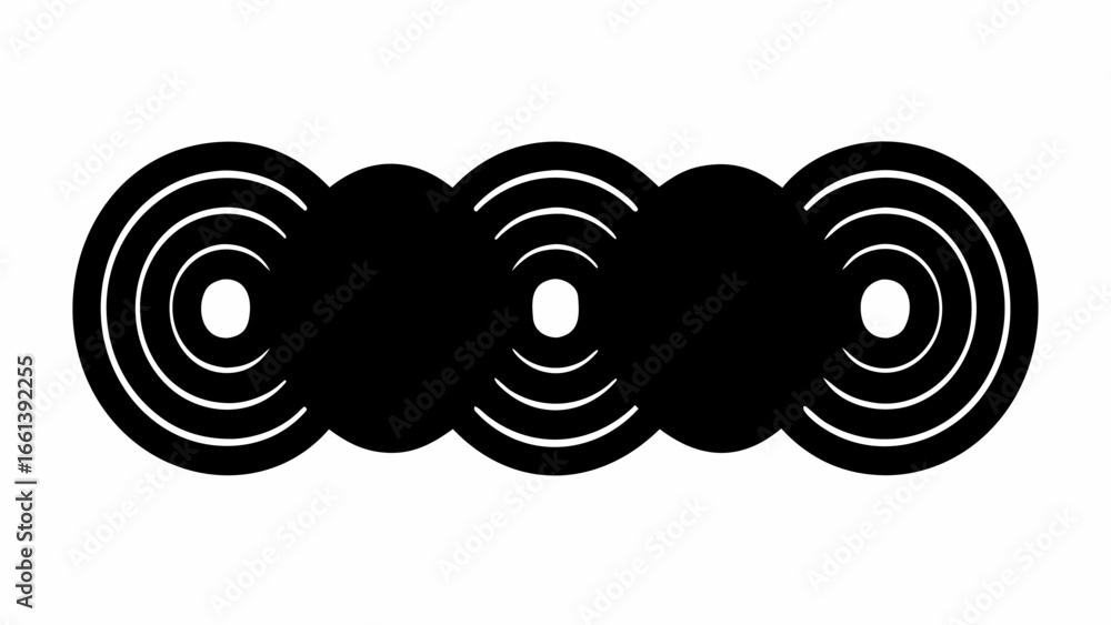 Poster abstract design featuring three connected black shapes with concentric circles inside them silhouett
