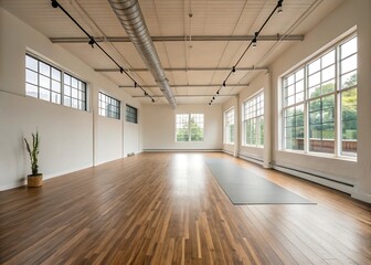 empty minimal yoga studio with wooden floor