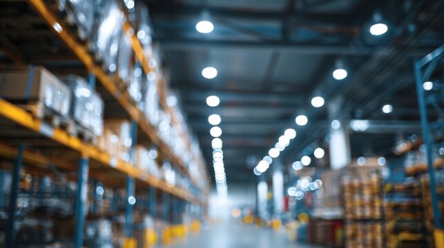Medium shot capturing LED lighting fixtures illuminating warehouse aisles highlighting energyefficient brightness with a blurred background of storage racks.